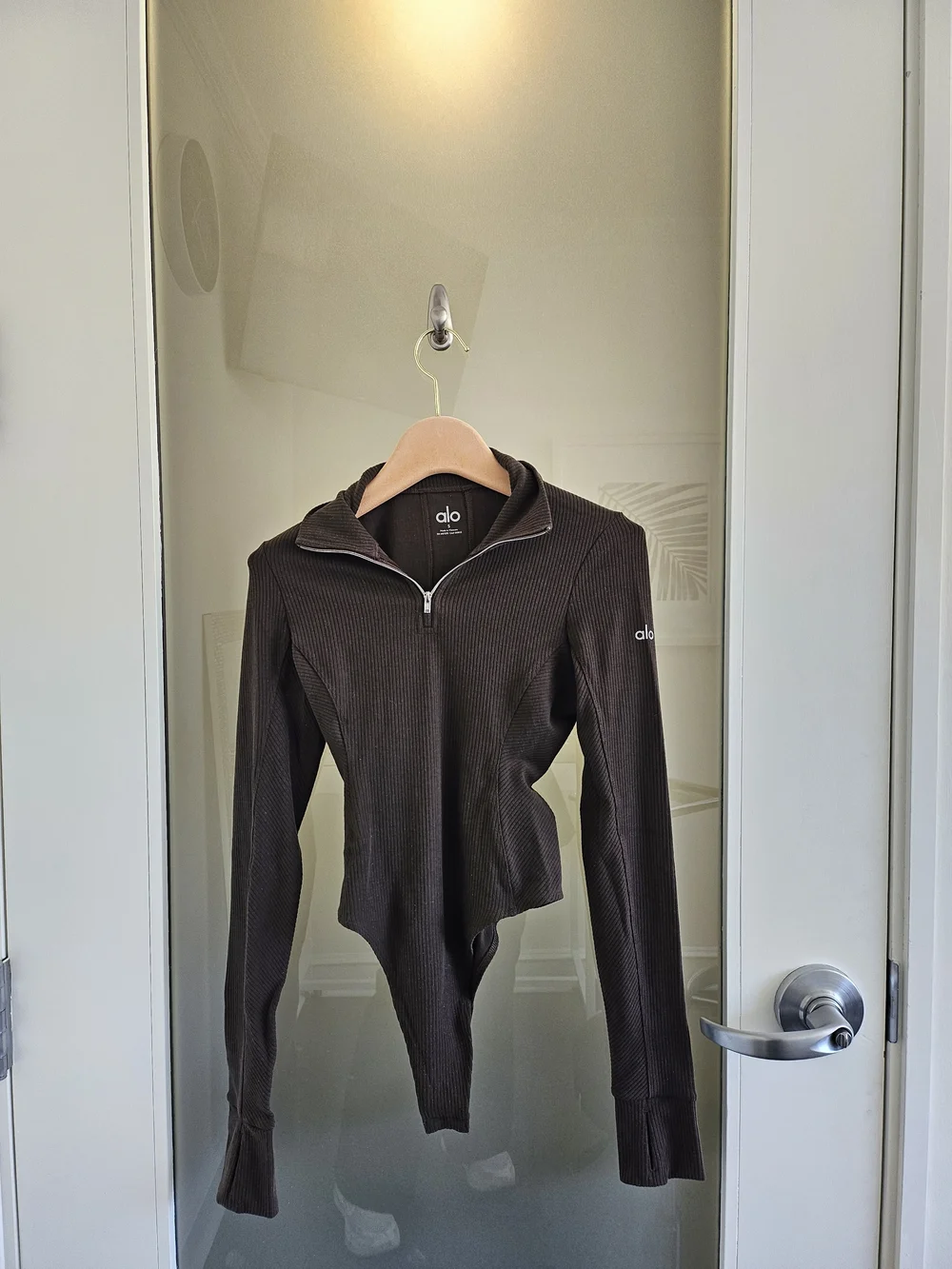 ALO Yoga Ribbed Half-Zip Bodysuit in Brown